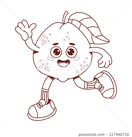 Outline Cute Guava Fruit Groovy Character. Funny tropical cartoon retro personage with arms and legs. Line drawing, coloring book. Vector illustration. Kids collection Outline Cute Guava Fruit Groovy Character. Funny tropical cartoon retro personage with arms and legs. Line drawing, coloring book. Vector illustration. Kids collection 127998718