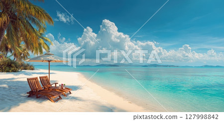 Tranquil Tropical Paradise Two Empty Beach Chairs Under Swaying Palm Trees, Overlooking Pristine Turquoise Ocean Waters The Ultimate Secluded Vacation Escape. 127998842