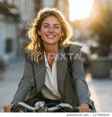 Urban Cycling Chic Joyful Woman Commuting by Bike with Sunlit Hair Embracing Sustainable Transportation and Healthy City Living 127998844