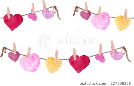 heart garlands with clothespins on rope seamless watercolor pattern isolated on white. Colorful hearts for Valentines Day, wedding, romantic wrapping paper, fabric, scrapbooking, and invitations heart garlands with clothespins on rope seamless watercolor pattern isolated on white. Colorful hearts for Valentines Day, wedding, romantic wrapping paper, fabric, scrapbooking, and invitations 127998898