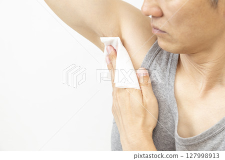 Man using sweat wipes on white background 127998913