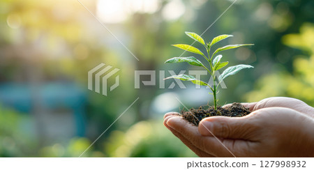 Young plant cradled in a pair of hands, set against a beautifully blurred natural background. It's an ideal visual for concepts like growth, environmental protection, new beginnings, sustainability 127998932