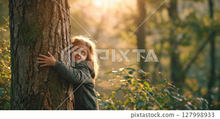 Embracing Nature's Heart A Young Child's Affectionate Hug to a Tree in a Sun Dappled Forest Symbolizing Environmental Connection and Serenity 127998933