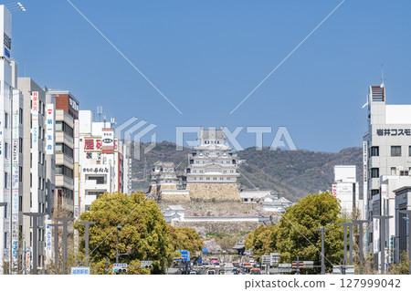 從兵庫縣姬路市大手前街眺望春天的姬路城 127999042