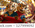 Two cheerful animated chipmunks in bright clothes enjoying a funfair ride with glowing lights. 127999092