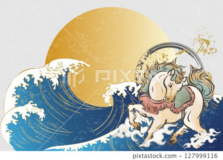 新年賀卡，2026 年新年，馬，馬年，馬，水墨畫，水墨畫，水彩畫，日本畫，框架，背景，插圖素材 127999116