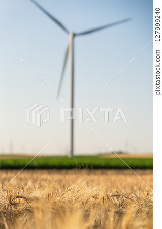 Wind turbine on an agricultural field. Sustainable energy.. Wind turbine on an agricultural field. Sustainable energy.. 127999240