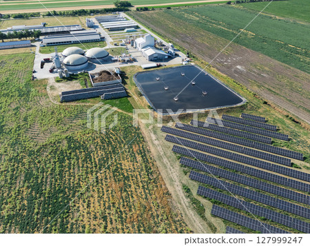 Aerial view of biogas plant using renewable energy for biomethane production. Aerial view of biogas plant using renewable energy for biomethane production. 127999247
