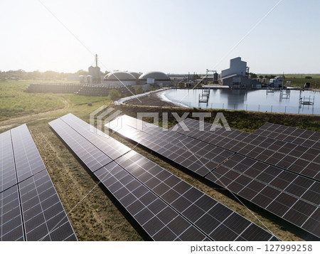 Aerial view of biogas plant using renewable energy for biomethane production. Aerial view of biogas plant using renewable energy for biomethane production. 127999258