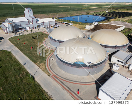 Aerial view of biogas plant for biomethane production Aerial view of biogas plant for biomethane production 127999275