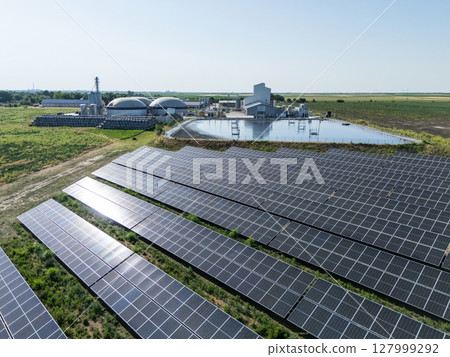 Aerial view of biogas plant using renewable energy for biomethane production. Aerial view of biogas plant using renewable energy for biomethane production. 127999292