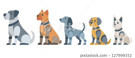 Vector set of mechanical dogs various breed in flat style. Collection of robot puppies. Animals of the future Vector set of mechanical dogs various breed in flat style. Collection of robot puppies. Animals of the future 127999352