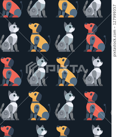 Vector seamless pattern with mechanical pets. Texture with robot dogs and robot cats in row on dark background. Animals of the future 127999357