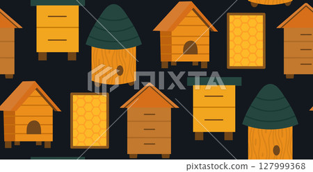 Vector beekeeping seamless pattern. Texture with houses for bees, apiaries, beehive, honeycombs in frames 127999368
