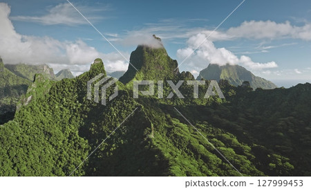 Stunning aerial perspective green tropical peaks jungle forest terrain in Moorea island, French Polynesia, dramatic topography, untouched beauty. Remote wild nature scene, exotic travel. Drone flight Stunning aerial perspective green tropical peaks jungle forest terrain in Moorea island, French Polynesia, dramatic topography, untouched beauty. Remote wild nature scene, exotic travel. Drone flight 127999453