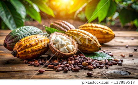 Christmas still life with fresh green leaves and natural autumn fruits on a rustic wooden background 127999517