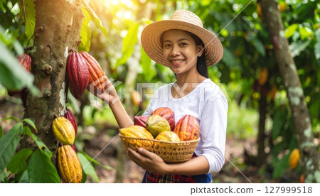 Smiling woman with a basket of fresh garden vegetables, enjoying nature's bounty in the summer sun 127999518