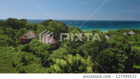 Traditional Indonesian houses with thatched roofs nestled among vibrant green vegetation on Sumba Island, overlooking the turquoise Indian Ocean under a clear blue sky 127999522