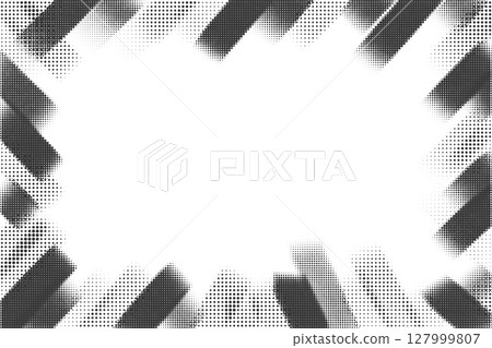 Halftone effect border poster. Vector brush abstract frame. Retro grunge textured dotted template with splatter edge. Halftone effect border poster. Vector brush abstract frame. Retro grunge textured dotted template with splatter edge. 127999807