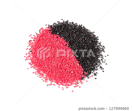 Candy sprinkle pile, round sugar sprinkles, small sweet color confectionery decoration balls 127999860