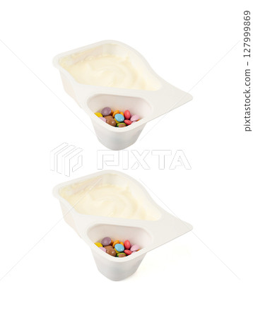 Yogurt cup isolated, yoghurt in plastic pot, milk pudding container, dairy food small package Yogurt cup isolated, yoghurt in plastic pot, milk pudding container, dairy food small package 127999869