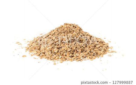 Spelt flakes isolated, dry raw rolled flat oat grains, wheat, oatmeal or bran, barley rye cereals 127999887