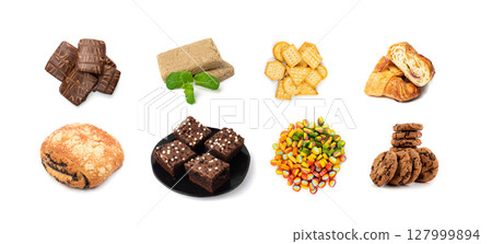 Assorted cakes set isolated. Many biscuit desserts, sweet bakery collage, cookie collection 127999894