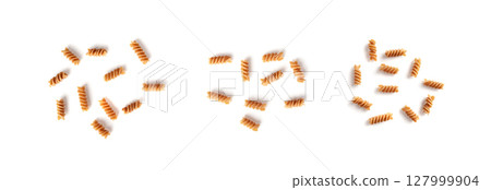 Raw Brown Pasta Isolated, Scattered Wholegrain Fusilli Set 127999904