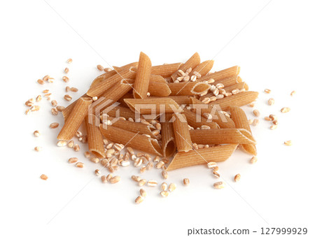 Raw Brown Pasta, Wholegrain Penne, Dry Whole Grain Noodle, Raw Spelt Macaroni, Healthy Italy Food 127999929