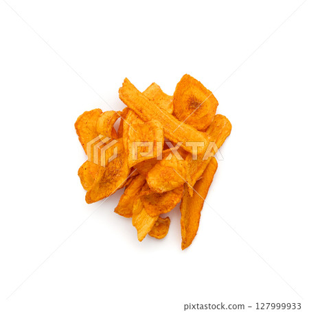 Dry carrot chips isolated, dried sliced red vegetable, healthy crispy snack flakes pile Dry carrot chips isolated, dried sliced red vegetable, healthy crispy snack flakes pile 127999933