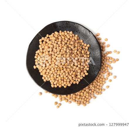 Chickpea, chick pea pile, dry Cicer arietinum fruits, raw Bengal gram legume, garbanzo beans 127999947