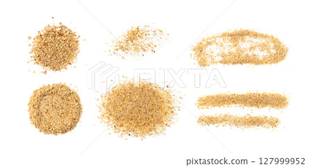 Grated wallnut , broken roasted walnuts, heap of nuts crumbs, whole kernel pieces, fractions 127999952