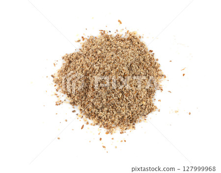 Milk thistle seeds powder, crushed silybum marianum grains pile, milled dry blessed milkthistle Milk thistle seeds powder, crushed silybum marianum grains pile, milled dry blessed milkthistle 127999968