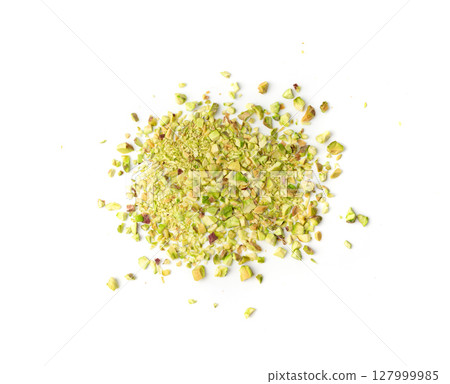 Fried salt pistachio nuts isolated. Baked pistachios pile, roasted green pistache fruits on white Fried salt pistachio nuts isolated. Baked pistachios pile, roasted green pistache fruits on white 127999985