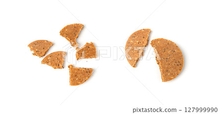 Protein cookie isolated, broken round energy snack with peanuts, chicory fibre 127999990
