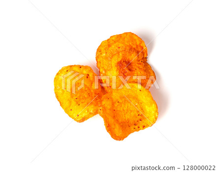 Dry carrot chips isolated, dried sliced red vegetable, healthy crispy snack flakes pile Dry carrot chips isolated, dried sliced red vegetable, healthy crispy snack flakes pile 128000022
