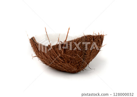 Coconut pieces, broken coco nut isolated, fresh tropical palm fruit slices, open cracked coconut Coconut pieces, broken coco nut isolated, fresh tropical palm fruit slices, open cracked coconut 128000032
