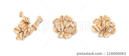 Spelt flakes isolated, dry raw rolled flat oat grains, wheat, oatmeal or bran, barley rye cereals 128000063