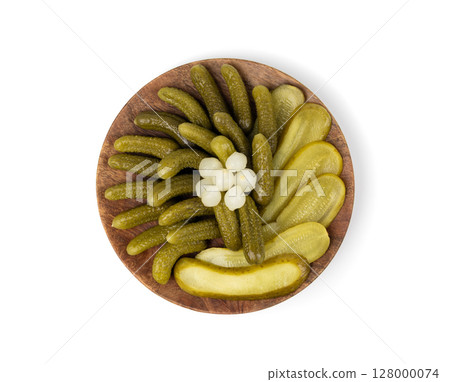 Pickled sliced cucumbers, fermented food, marinated canned vegetables, gherkins, pickles 128000074