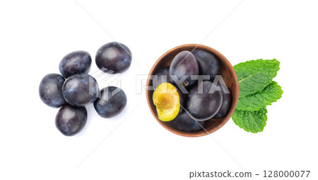 Plum Isolated, Whole Blue Prune, Ripe Fresh Plums, Dark Blue Healthy Fruits 128000077