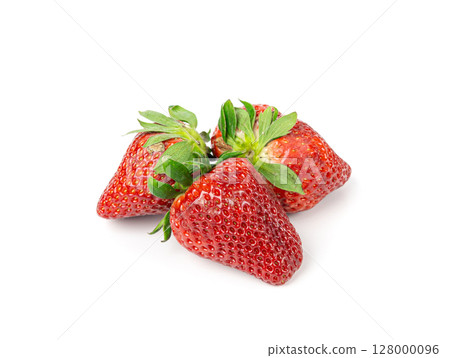 Fresh strawberry isolated, whole ripe straw berry, red juicy imperfect strawberri with green leaves 128000096