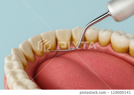 Dental scaling process removing yellow tartar from teeth near gums, close-up 3D illustration  128000141