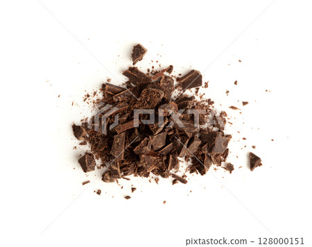 Grated Chocolate Pile Isolated, Crushed Chocolate Shavings, Crumbs, Scattered Flakes, Cocoa Sprinkles 128000151