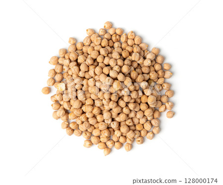 Chickpea, chick pea pile, dry Cicer arietinum fruits, raw Bengal gram legume, garbanzo beans 128000174