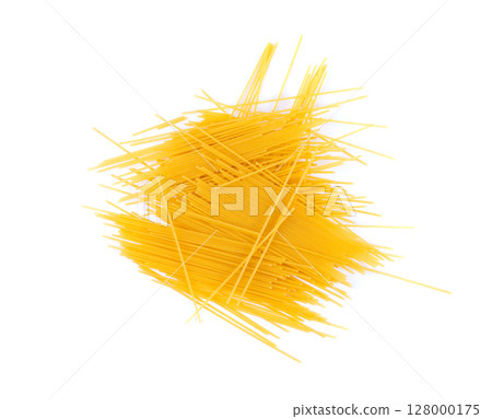 Raw spaghetti isolated, dry spagetti, long wheat noodles, uncooked italian macaroni bundle 128000175