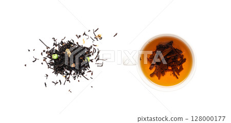 Flavored Black Tea Leaves Isolated, High Quality Black Tea Pile with Fruits and Flowers, Organic Indian Drink Flavored Black Tea Leaves Isolated, High Quality Black Tea Pile with Fruits and Flowers, Organic Indian Drink 128000177