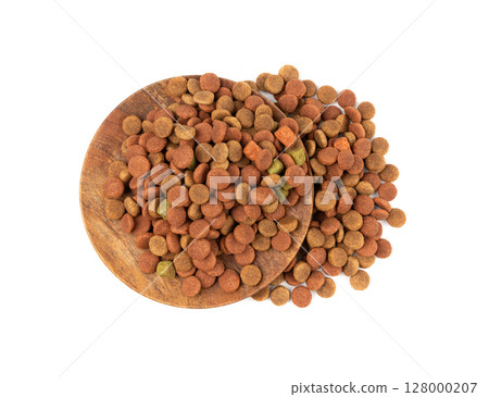 Dry pet food, dog color kibble pile, puppy meat and vegetable pellets, canine protein granules Dry pet food, dog color kibble pile, puppy meat and vegetable pellets, canine protein granules 128000207