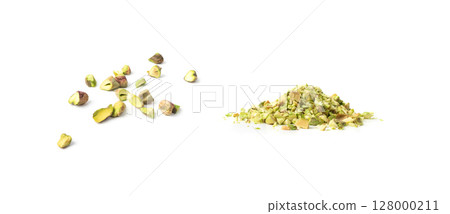 Fried salt pistachio nuts isolated. Baked pistachios pile, roasted green pistache fruits on white 128000211