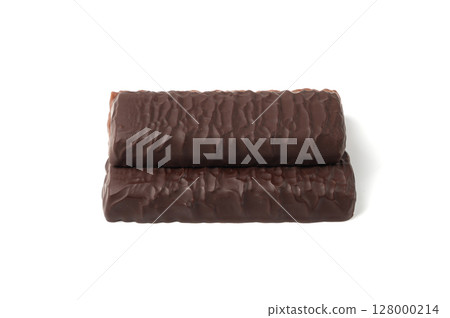 Protein bar isolated, chocolate energy paleo snack, healthy cereal nutrition with nuts, fruits, muesli 128000214