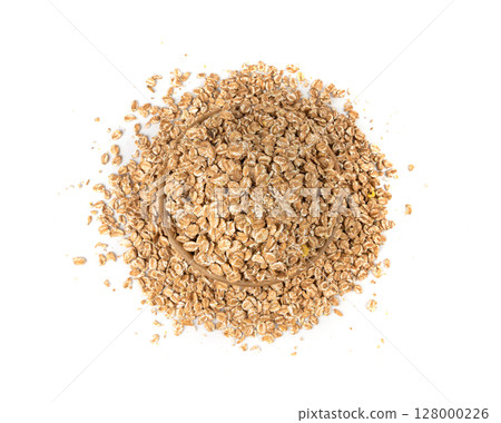 Spelt flakes isolated, dry raw rolled flat oat grains, wheat, oatmeal or bran, barley rye cereals 128000226